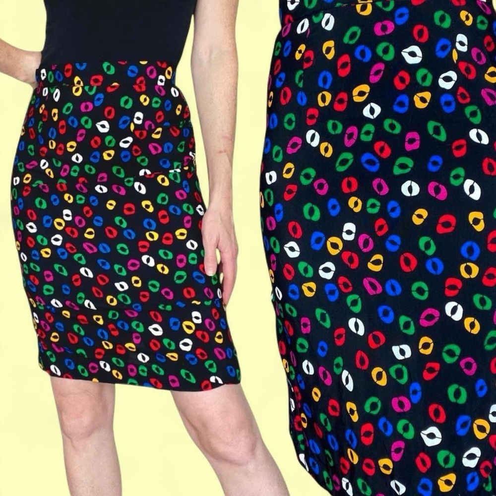 Vintage 90’s Black Colorful Kiss Abstract High Rise Mini Pencil Skirt